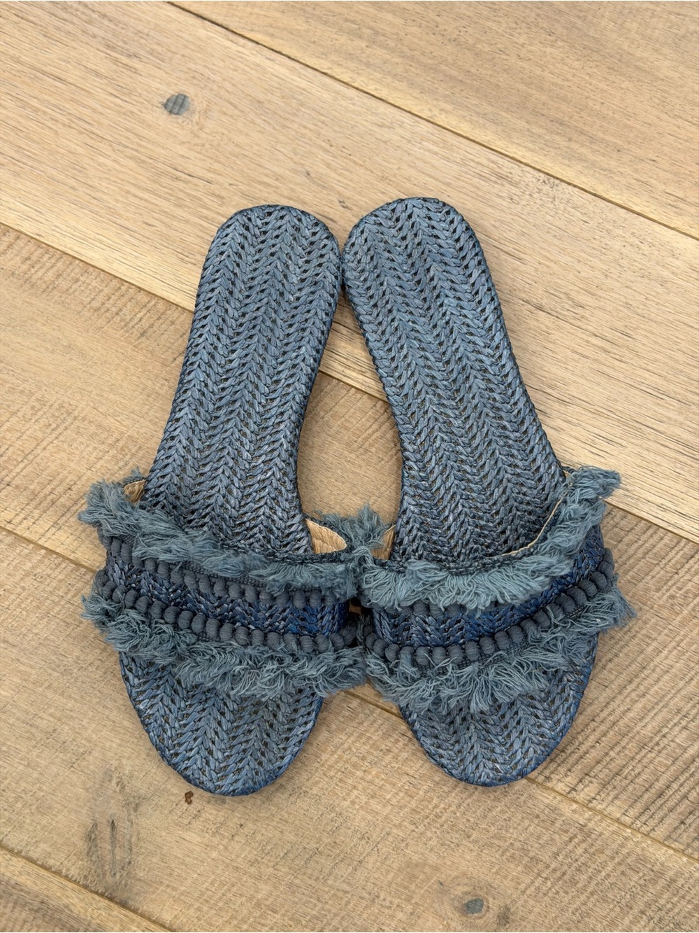 Blue Woven Fringe Slide Sandals - Women